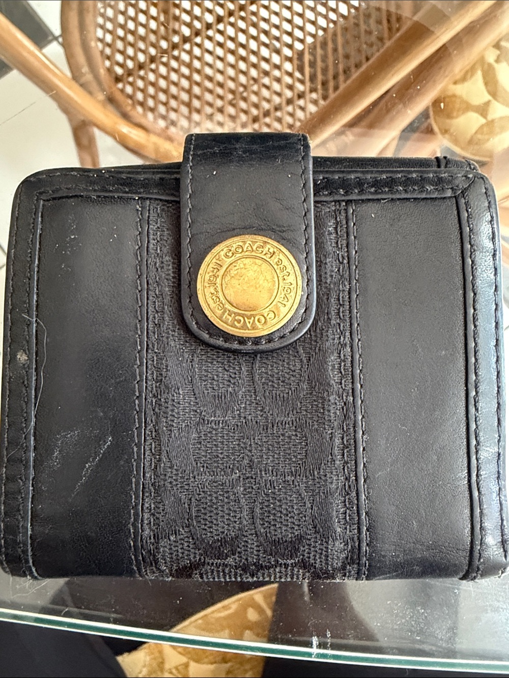 Coach Black Leather & Canvas Wallet with Gold Snap